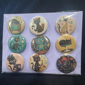 Mid-Century Modern Cat Button Set | 1” Retro Atomic Cat Pins | Rockabilly, Mod, Kitsch, and Space Age Kitty Flair Accessories decor outfit