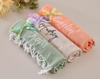 Toalla de playa de algodón turco personalizada, Peshtemal bordado a medida, regalo de spa estilo boho, regalo de boda con monograma, regalo para ella, 40" x 70"
