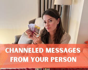 May include: A woman holds a spread of tarot cards in her hands, with the text "Channeled Messages From Your Person" displayed on a red background.