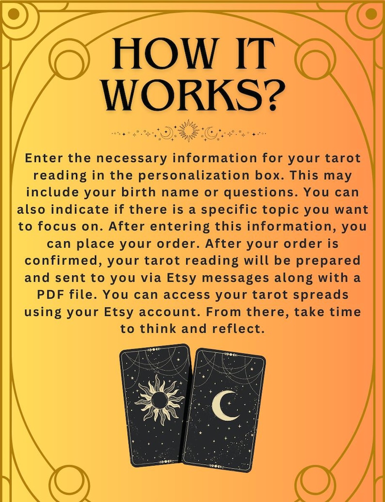 May include: A graphic with the text "HOW IT WORKS?" in black text on a yellow background. The text explains how to order a tarot reading. Two tarot cards are shown at the bottom of the graphic. The card on the left has a sun symbol and the card on the right has a moon symbol.