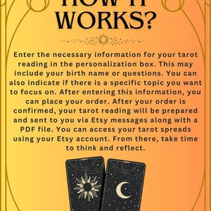 Puede incluir: Un gr&aacute;fico con el texto "HOW IT WORKS?" en negro sobre fondo amarillo. El texto explica c&oacute;mo pedir una lectura de tarot. Se muestran dos cartas de tarot en la parte inferior del gr&aacute;fico. La carta de la izquierda tiene un s&iacute;mbolo de sol y la carta de la derecha tiene un s&iacute;mbolo de luna.