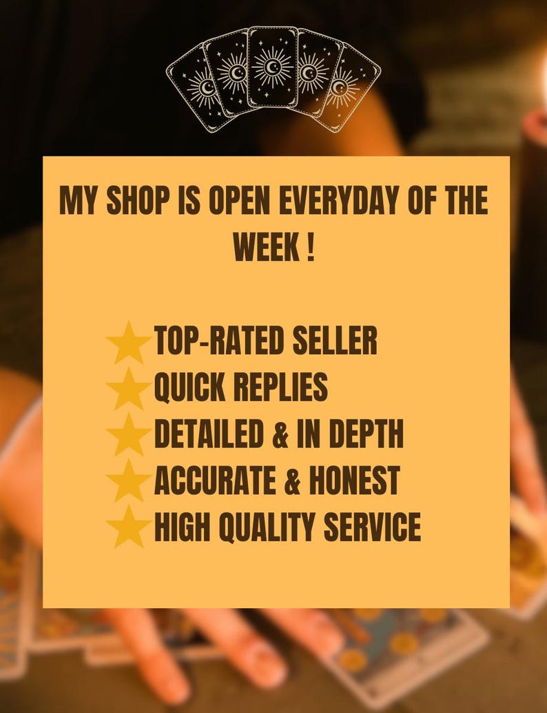 May include: A yellow and orange graphic with the text "MY SHOP IS OPEN EVERYDAY OF THE WEEK!" and a list of five gold stars with the text "TOP-RATED SELLER", "QUICK REPLIES", "DETAILED & IN DEPTH", "ACCURATE & HONEST", and "HIGH QUALITY SERVICE" below.