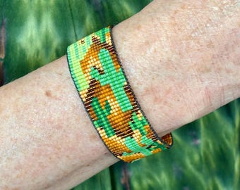 Loomed Seed Bead Green Cactus Cuff Bracelet with A Color Fading Brown Chevron Background