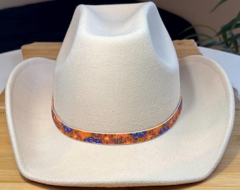Beaded Loomed Pink, Purple and Orange Flowers Pattern Hatband with a Brown Background