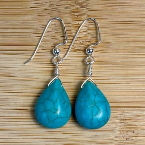 Turquoise Tear Drop Shape Wire Wrapped Dangle Earrings #5