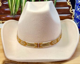 Loomed Seed Bead Geometric Light Brown and Green Darts Pattern Hatband