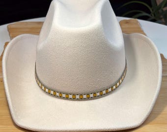 Loomed Seed Bead Khaki Colored Hatband with Brown Tila beads and Silver Bugel Beads