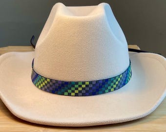 Loomed Seed Bead Blue, Green and Purple Checkered Hatband with a Gray Blue Background
