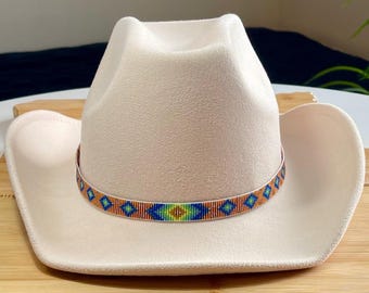 Beaded Loomed Blue Colored Diamond Pattern Hatband with a Two Toned Topaz Checkered Background