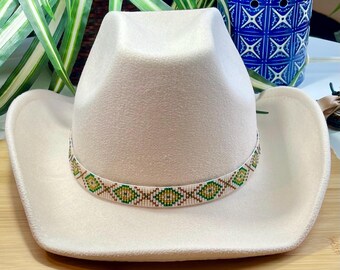 Loomed Seed Bead Hatband: Brown and Green Diamonds with a Matte Ivory Background