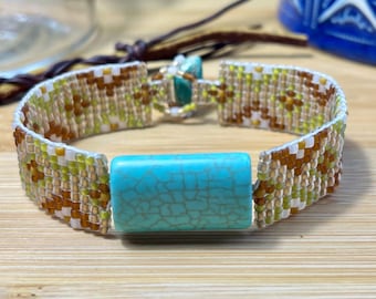 Loomed Seed Bead Cuff Bracelet, Turquoise Center, Bohemian Pattern