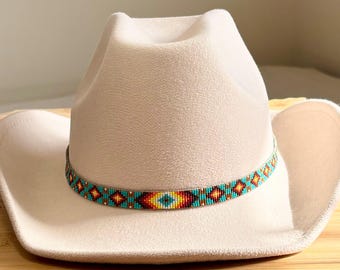 Beaded Loomed Fire Colored Diamond Pattern Hatband with a Turquoise and Light Brown Checkered Background