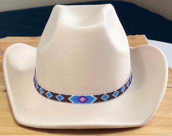 Loom Beaded Hatband: Light Blue Diamond Pattern, Braided Leather Tie