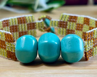 Loomed Seed Bead Brown and Green Checkered Cuff Bracelet with a Turquoise Center