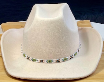 Loomed Seed Bead Blue, Green and Brown Geometric Hunter Inspired Hatband with a White Background