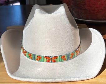 Beaded Loomed Orange Butterfly Pattern Hatband with a Striped Green Background