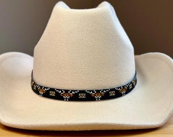 Loomed Seed Bead Deer Hatband with a Black Background and Striped Endings