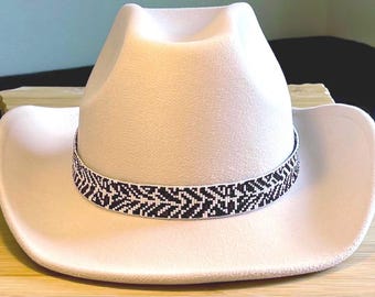 Loomed Seed Bead White and Black Zebra Print Hatband
