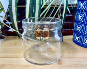 Seed Bead Mini Fringe Earrings, Two-Tone Triangle Pattern, Sterling Silver