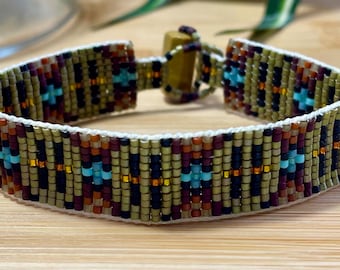 Loomed Seed Bead Cuff Bracelet in an Olive Green Snake Skin Pattern