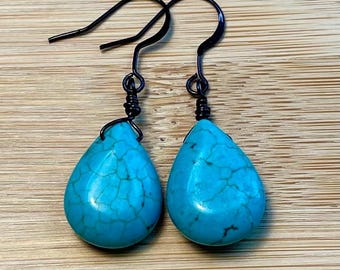 Turquoise Tear Drop Shape Wire Wrapped Dangle Earrings with Black Wire #6