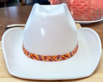 Beaded Loomed Abstract Arrows Pattern Hatband in Orange and Red