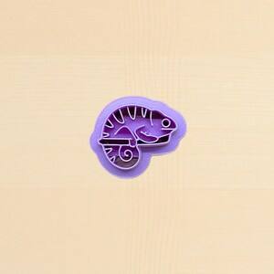 May include: A purple chameleon-shaped cookie cutter. The cutter features a detailed outline of a chameleon with its tail curled, resting on a branch. The design is in a contrasting lighter purple, creating a 3D effect. The cutter is likely made of plastic.