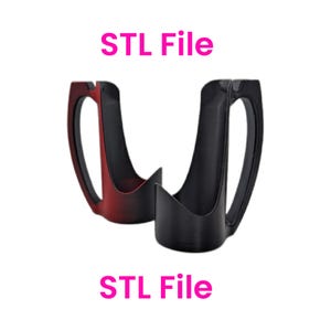 May include: Two 3D-printed holders, one red and one black, with a curved design and a handle. The text "STL File" is displayed in pink above and below the holders. The holders are set against a white background.