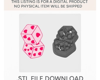 Puede incluir: Imagen digital de dos dados rosas con puntos de corazón rojos, apilados uno encima del otro. Al lado de los dados hay un molde gris en forma de dado. El texto dice: "THIS LISTING IS FOR A DIGITAL PRODUCT NO PHYSICAL ITEM WILL BE SHIPPED .STL FILE DOWNLOAD."