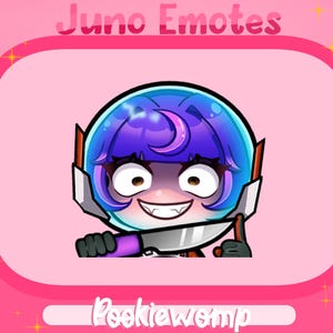 May include: A cartoon character with purple hair and a blue helmet holding a knife with a menacing smile. The character is on a pink background with the text "Juno Emotes" and "Pookiewomp" at the top and bottom of the image.