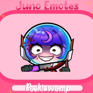 Puede incluir: Un personaje de dibujos animados con cabello morado y un casco azul sosteniendo un cuchillo ensangrentado. El personaje sonríe con una expresión siniestra. El fondo es rosa con un borde blanco y el texto "Juno Emotes" y "Pookiewomp" en la parte superior e inferior.