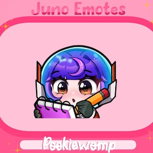 May include: A cartoon illustration of a girl with purple hair and a blue helmet writing in a notebook with a pencil. The background is pink with sparkles.
