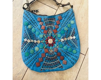 Charm and Luck Jenny Syquia Blue Canvas Beaded Boho Southwestern Hobo Y2K VTG