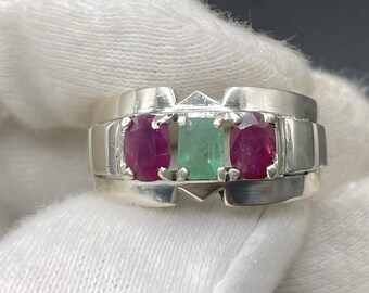 Bague en argent sterling 925 avec trois pierres, pierre naturelle Yaqoot pour homme et femme, cadeau pour lui, bague en rubis, pierre précieuse naturelle
