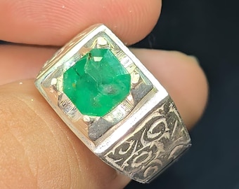 Bague émeraude pour homme en argent sterling faite à la main, émeraude naturelle, pierre précieuse bague pour homme, bague en zamurd, pierres précieuses naturelles, bagues fantaisie, bagues faites main