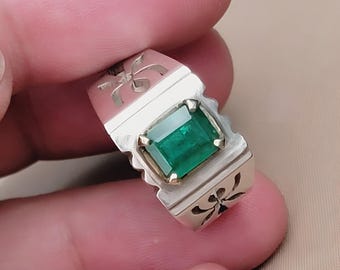 Smaragdring, Natürlicher Smaragdring, Herrenringe, Edelsteinring Sterlingsilberringe Jahrestagsgeschenk für ihn Verlobungsring Statementringe