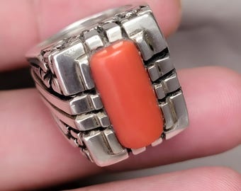 Korallenring, Korallenring, Korallenring, Silberring, Edelsteinring, Herrenring, Sterlingsilberschmuck, Verlobungsring, Geschenk für ihn