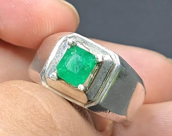 Bague émeraude pour homme en argent sterling faite à la main, émeraude naturelle, pierre précieuse bague pour homme, bague en zamurd, pierres précieuses naturelles, bagues fantaisie, bagues faites main