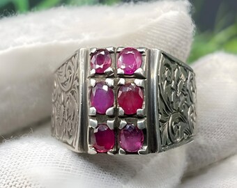 Dainty Ruby Sterling Silver Ring for Men: Engraved Yaqut 925 Sterling Silver | Yaqoot Ring for Men | Red Ruby Ring | Fancy Ring Handmade