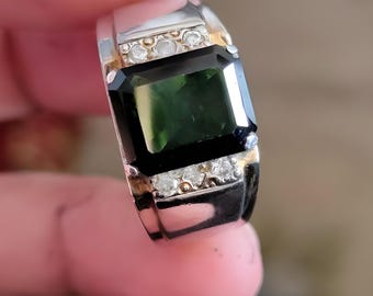 Turmalinring Grüner Turmalin Ring Herrenringe Edelsteinring Sterling-Silberringe Jubiläumsgeschenk für ihn Verlobungsring Statementring