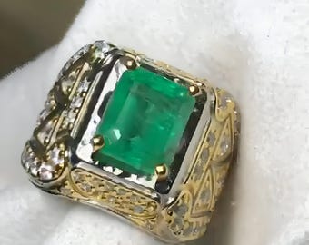 Bague couronne pour homme en argent sterling faite main : émeraude naturelle