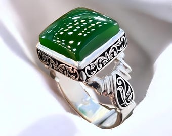 Anillo de ágata verde para hombre: piedra aqeeq yemení, plata de ley 925