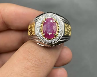 Bague en rubis naturel avec pierres précieuses pour homme et femme, bague faite main en argent sterling 925 gravée, bague en pierres précieuses naturelles, bague yaqut, bague en rubis véritable