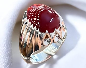 Handgefertigter jemenitischer Achat-Sterlingsilberring - Design graviert