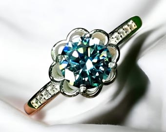 Blauer Moissanit Blumenring: 925 Sterling Silber Blumenmuster