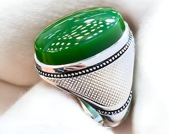 美しいハンドメイドのメンズ グリーン アゲート リング | メンズ Aqeeq リング | グリーン アゲート | イエメン アゲート リング | カジュアルウェアに最適なメンズ アゲート シルバー リング |