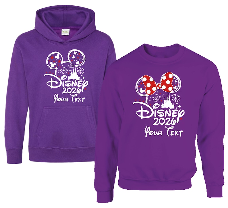 Disney 2026 Hoodie or Sweatshirt, Personalized Your Text Disney Trip Sweater, Mickey Minnie Matching Family Vacation Castle Fireworks 2026 Apparel