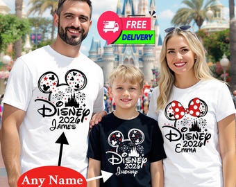 Personalized Disney 2026 Family Vacation Shirt, Matching Disney Shirts with Name Mickey Minnie Tee, Disney Trip Custom Unisex Tee for Family