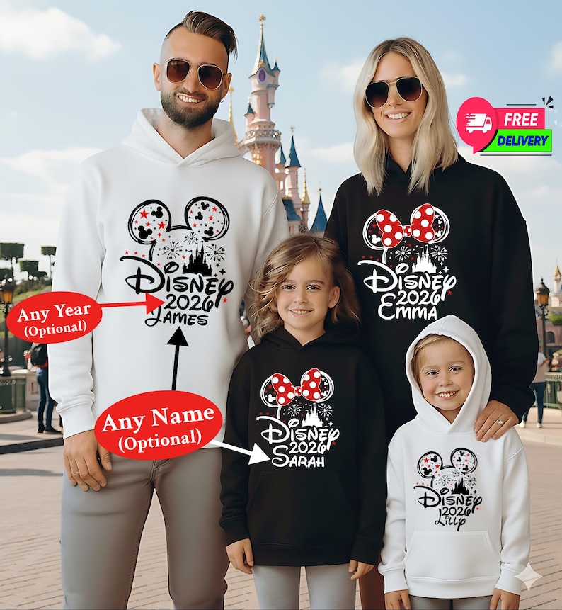Disney 2026 Hoodie or Sweatshirt, Personalized Your Text Disney Trip Sweater, Mickey Minnie Matching Family Vacation Castle Fireworks 2026 Apparel