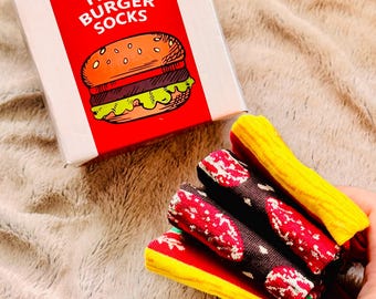 Hamburger Socks Set: Funny Novelty Gift for Men, 2 Pairs, Fun Birthday Christmas Father Days Secret Santa Food Socks, One Size Fits Most